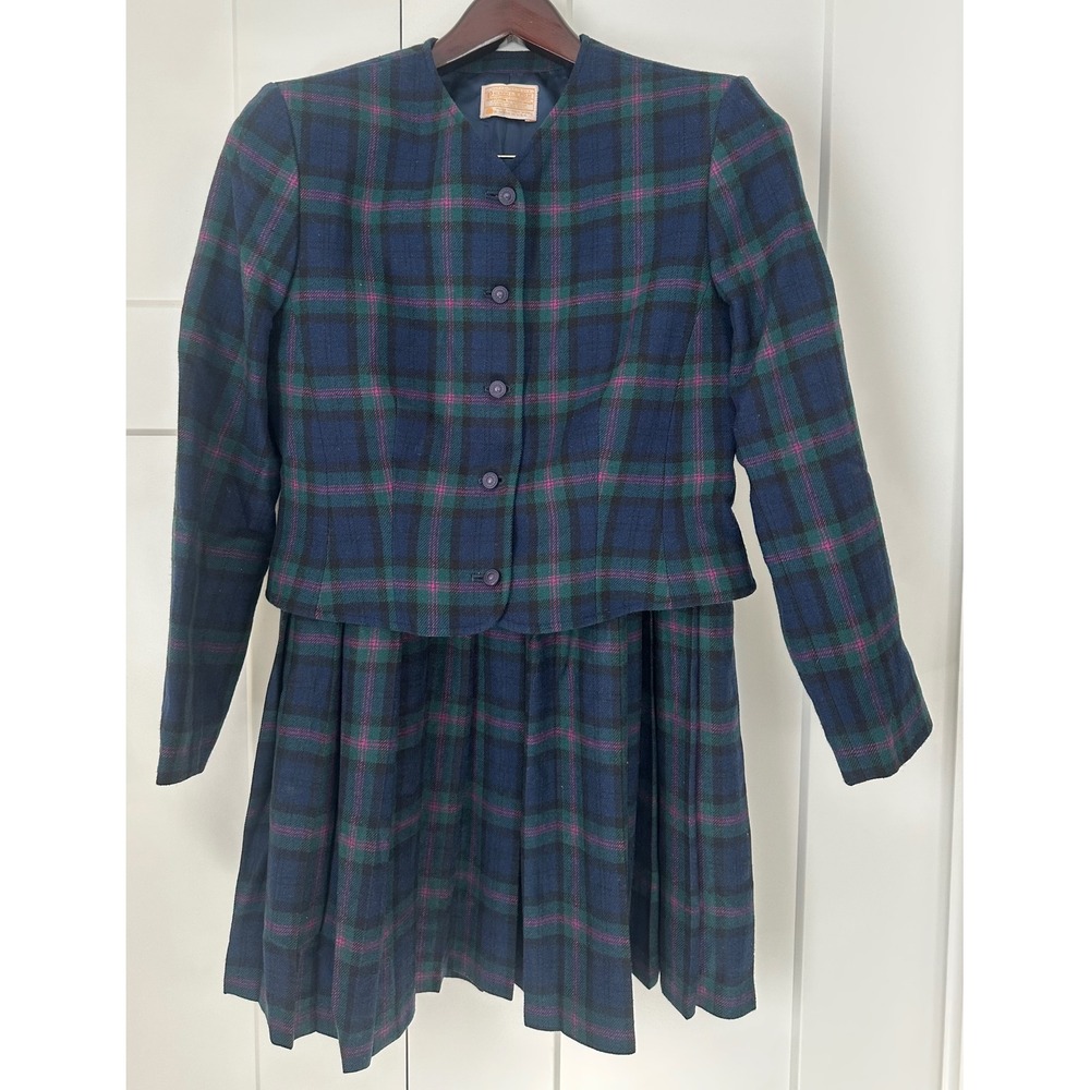 Vintage Pendleton Wool Skirt Suit Baird Tartan Plaid Blue Green Pink Size 12P